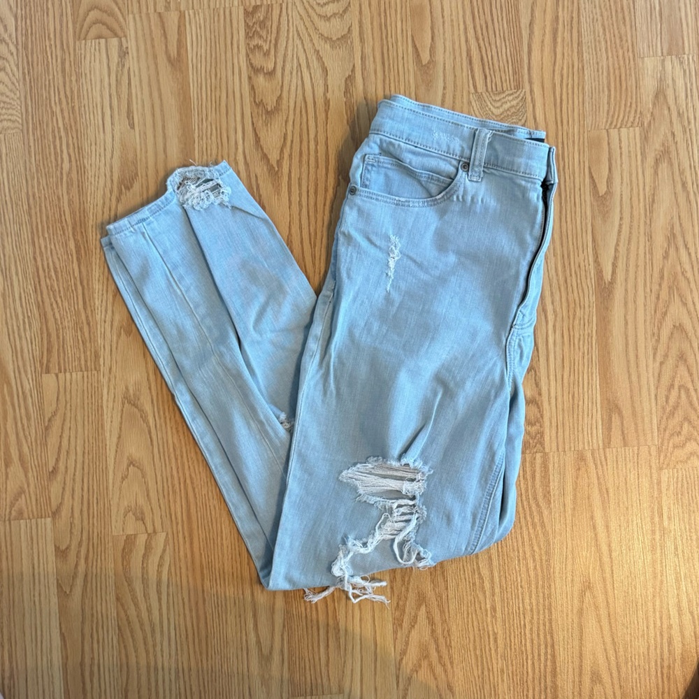 Distressed high rise jeans
